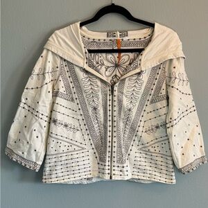 Anthropologie White Cream Embroidered Zip-Front Hooded Jacket
